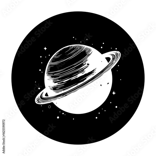 A captivating black and white drawing of saturn with its prominent rings amidst a starfield in space art