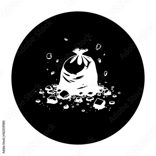 Conceptual depiction of pollution wastefulness environmental disregard a bag of garbage rubbish litter scattered across a black backdrop