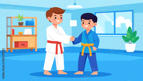 Cartoon Illustration of Two Boys in Martial Arts Uniforms Shaking Hands