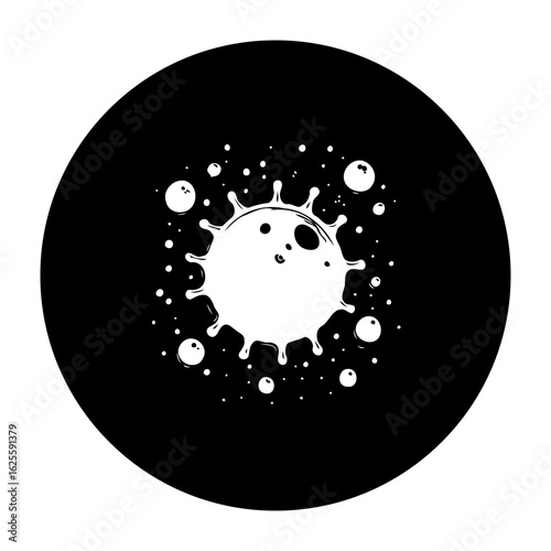 White representation of a coronavirus-like entity with bubbles surrounding it against a black background symbolising virus spread