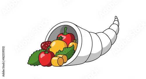 Abundant Cornucopia: A colorful Illustration of Autumn's Bounty in a horn of plenty brimming with fresh fruits and vegetables symbolic of harvest