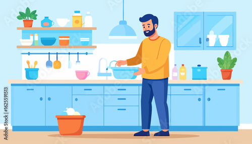 Man Washing Dishes in a Modern Blue Kitchen, Vector Illustration