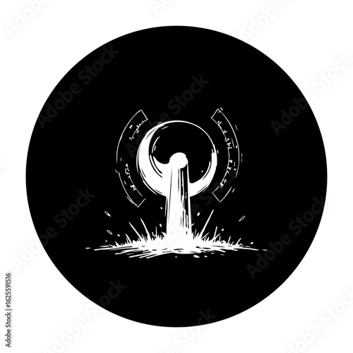 Abstract monochrome design featuring a stylized water feature within a circular black backdrop artwork illustration