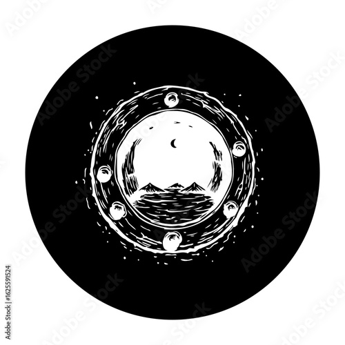 Mystical seascape illustration: Black and white graphic of serene coast with mountain landscape inside circle frame