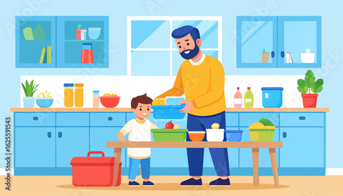 Father and Son Preparing Lunch in Kitchen Illustration