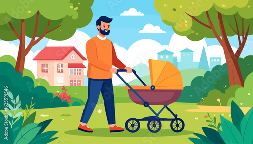 Fatherhood: A Stroll in the Park - Modern Illustration