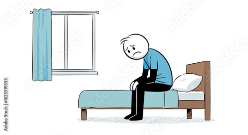 Illustrated stick figure embodying despondency perched on a bed by a window radiating melancholy and internal sorrow represented artistically and