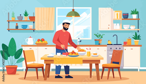 Illustrated Man Preparing Food in Cozy Kitchen