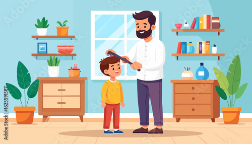 Dad Combing Son's Hair: Quality Time at Home Illustration