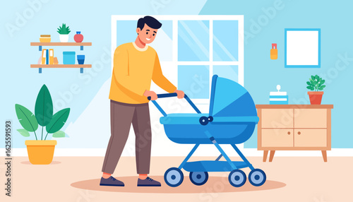 Father with Baby Stroller: Modern Family Life Illustration