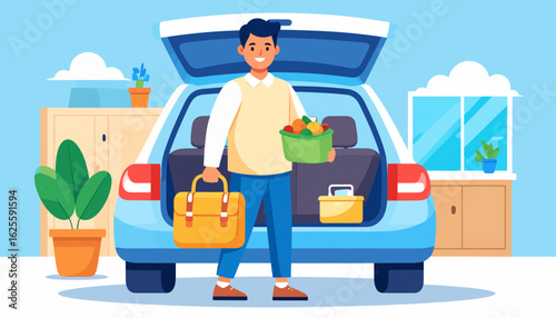 Groceries Unloaded: Cartoon Illustration of Car Trunk and Man