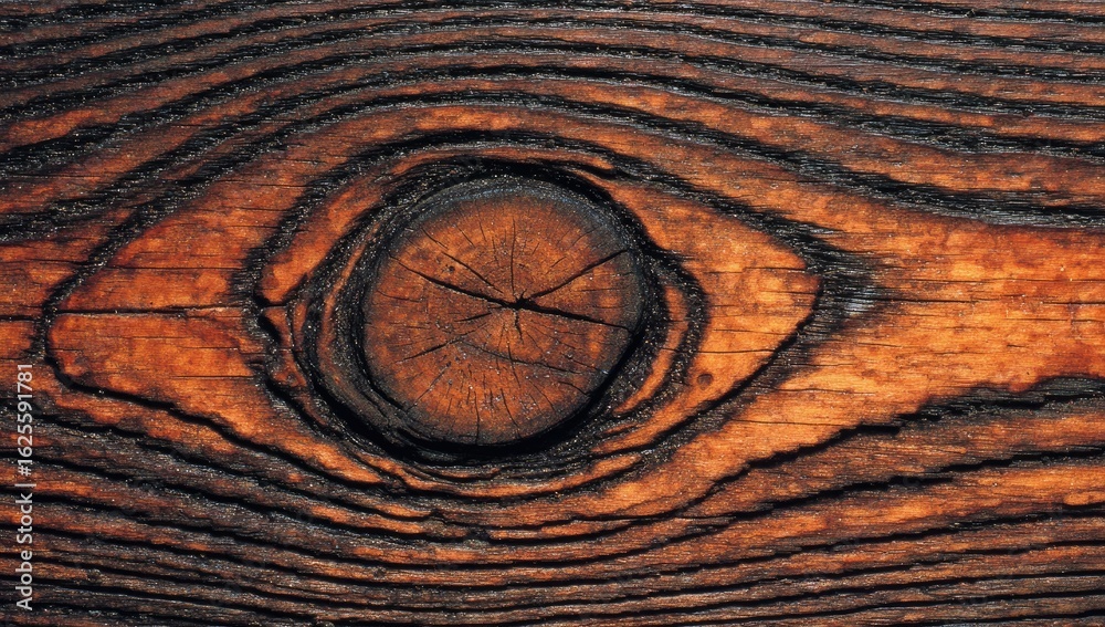 Fototapeta premium Close-up of a dark-brown wooden plank with a knot
