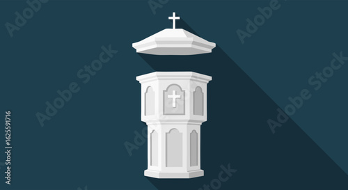Stylized rendition of a white pulpit featuring Christian symbolism against a dark turquoise background, promoting faith and tradition