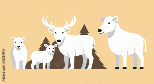 Minimalist vector illustration of white deer family and ox with simple geometric shapes standing elegantly in a warm colored forest background