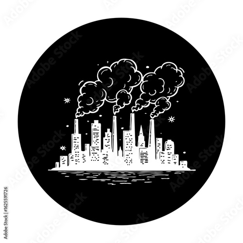 Monochrome cityscape with smoking chimneys and pollution against a dark background depicts environmental issues