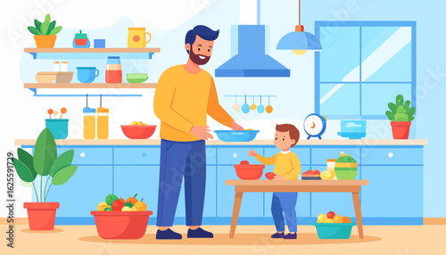 Father and Son Cooking Together in a Modern Kitchen, Illustration