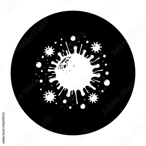 Black background features a white blot in the center surrounded by smaller dots and virus-like figures