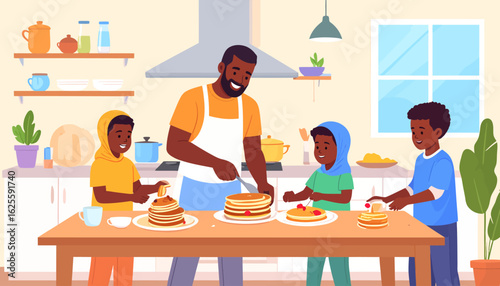 Family Pancake Breakfast: Illustrated Kitchen Scene