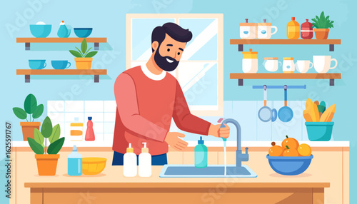 Illustration of a Man Washing Dishes in a Bright Kitchen