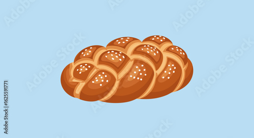 Illustration depicting a braided challah bread loaf, featuring a light blue background creating a minimalist and inviting aesthetic