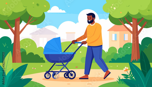 Father Strolling with Baby in Park, Cartoon Illustration
