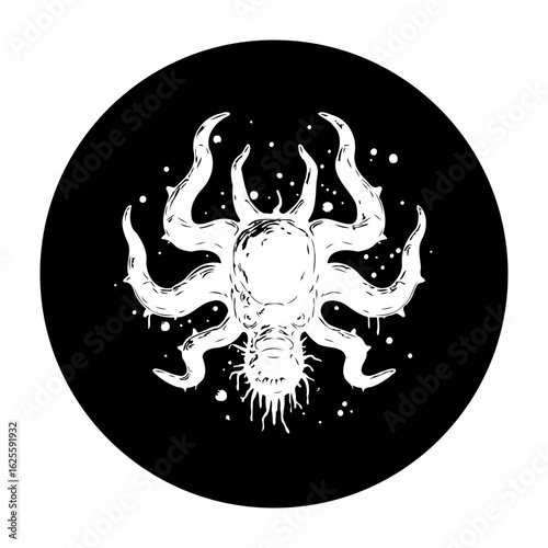 Creepy creature illustration a black circular background with the weird tentacles monster illustration for halloween themes or abstract art works
