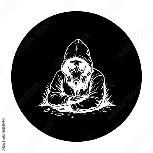 A man wearing a gas mask in a hooded jacket looks mysterious on black background dark concept