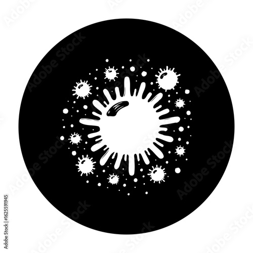 Abstract black and white coronavirus cell illustration with splashes representing pandemic disease spread globally