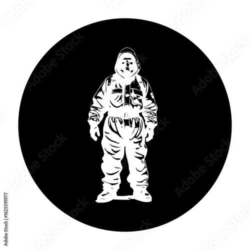 Isolated hazmat suit against a black circle background symbolizes safety protocols and health emergency response readiness