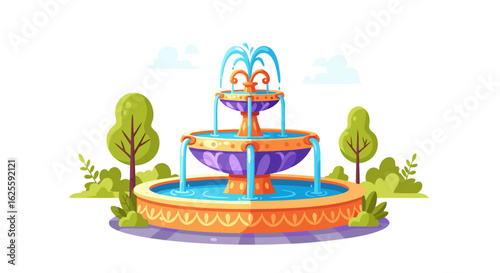 Whimsical Vector Illustration: Three-Tiered Fountain Amidst Stylized Verdant Trees and Gentle Clouds against a White Backdrop