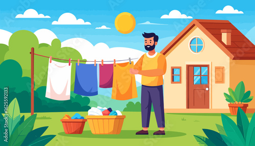 Cartoon Illustration: Man Hanging Laundry in Sunny Backyard