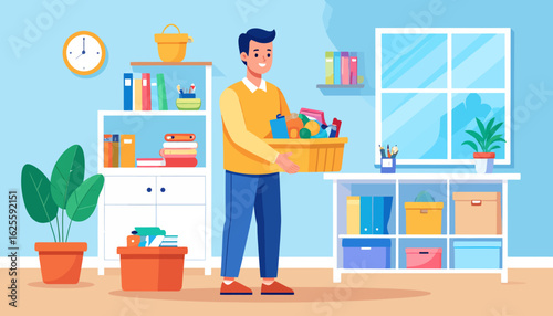 Organizing Home: Cartoon Man Tidying Up Living Room with Basket