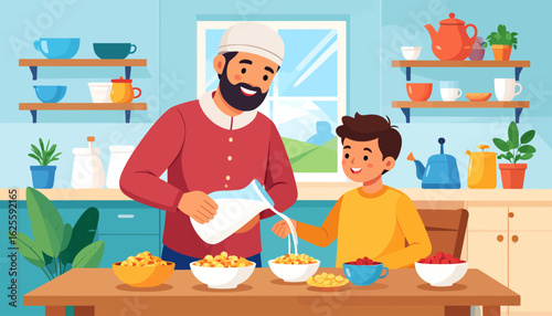 Father and Son Sharing Breakfast Together, Muslim Family