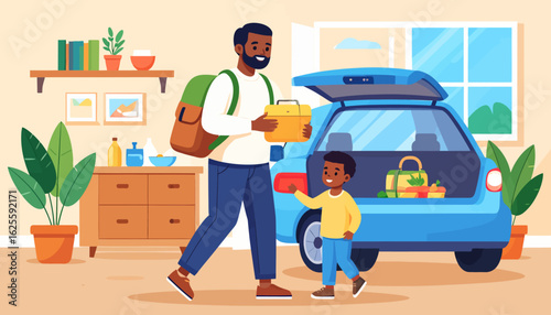 Family Road Trip Prep: Dad and Son Packing Car for Adventure