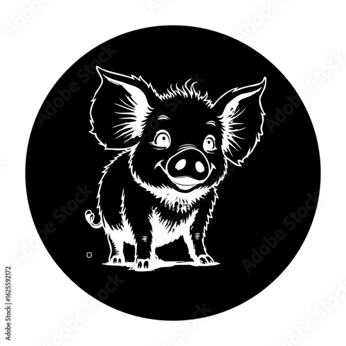Cartoon illustration of a happy black and white pig in a circle background drawing, digital