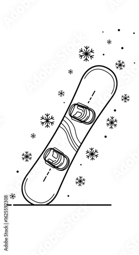 A black and white line art illustration of a snowboard with bindings, surrounded by falling snowflakes.