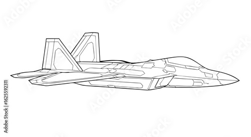Detailed line art illustration of a stealth fighter jet poised for flight in a minimalist composition showing its sleek aerodynamic design