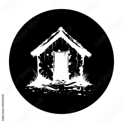 Monochrome vector art depicting an old shed or shack with minimalist and vintage illustration