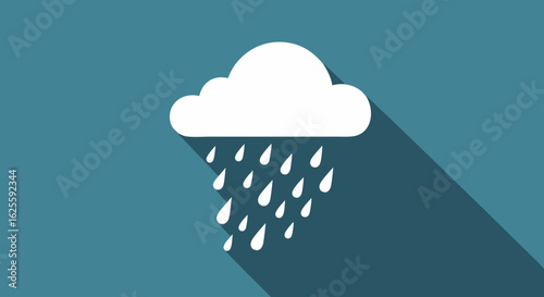 Flat design raindrop illustration: minimalistic weather forecast icon with long shadow over teal background offering a clear visual representation
