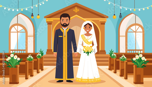Illustrated Arab Wedding Ceremony, Bride and Groom