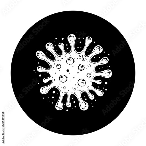 Stylized vector illustration depicting a coronavirus on a black circle background highlighting the global health crisis pandemic