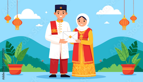 Cultural Exchange: Couple in Traditional Attire Presenting a Gift
