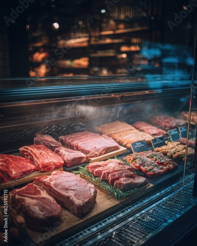 Close Up Display of Various Raw Meat Cuts in Refrigerated Case with Wooden Boards in Butcher Shop with Dim Lighting and Blurred Background