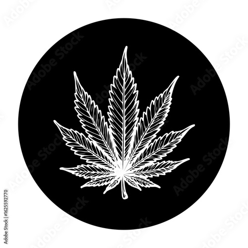 Cannabis sativa leaf graphic illustration in black circle showcases marijuana, a symbol of medical benefits and recreational use