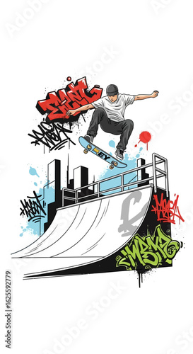 Skateboarder performing a trick on a ramp, urban graffiti style illustration.