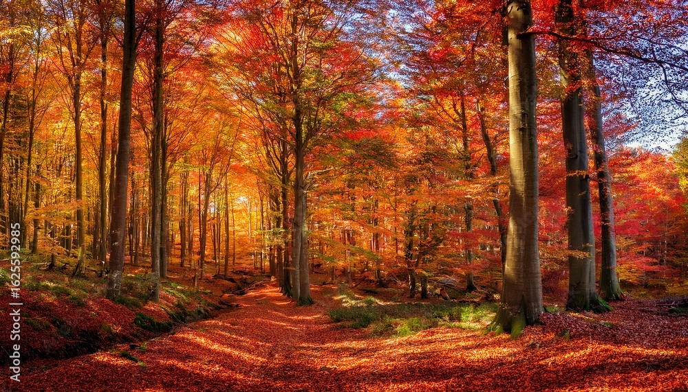 Obraz premium a portrayal of an autumnal woodland where trees are bedecked in foliage harmonizing a kaleidoscope of fiery tones amidst colorful ambiance of forest