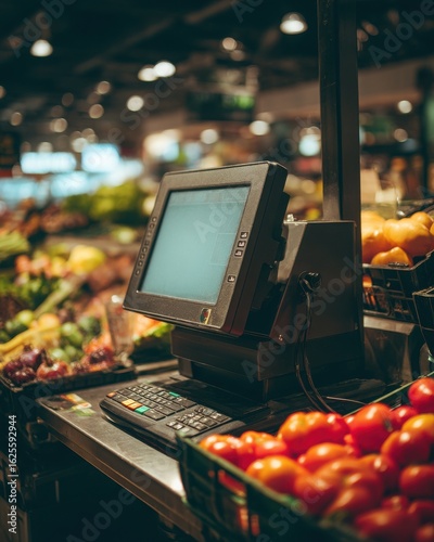 Indoor Supermarket Cash Register with Fresh Tomatoes and Vegetables in a Blurred Background Under Warm Lighting and Focus on a Dark Checkout Counter