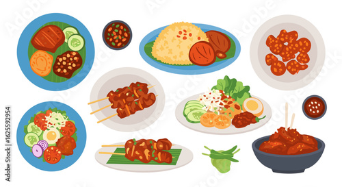 Delicious Indonesian Culinary Delights: A Vibrant Flat Lay of Diverse Dishes, Showcasing the Richness of Indonesian Flavors and Culinary Heritage