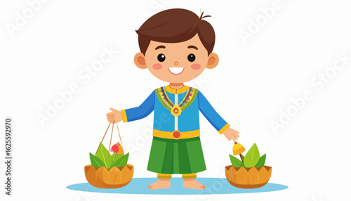 Boy with Offerings: Cultural Tradition Illustration