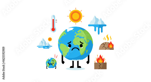 Cartoon Depiction of a Distressed Earth Highlighting the Catastrophic Effects of Global Warming